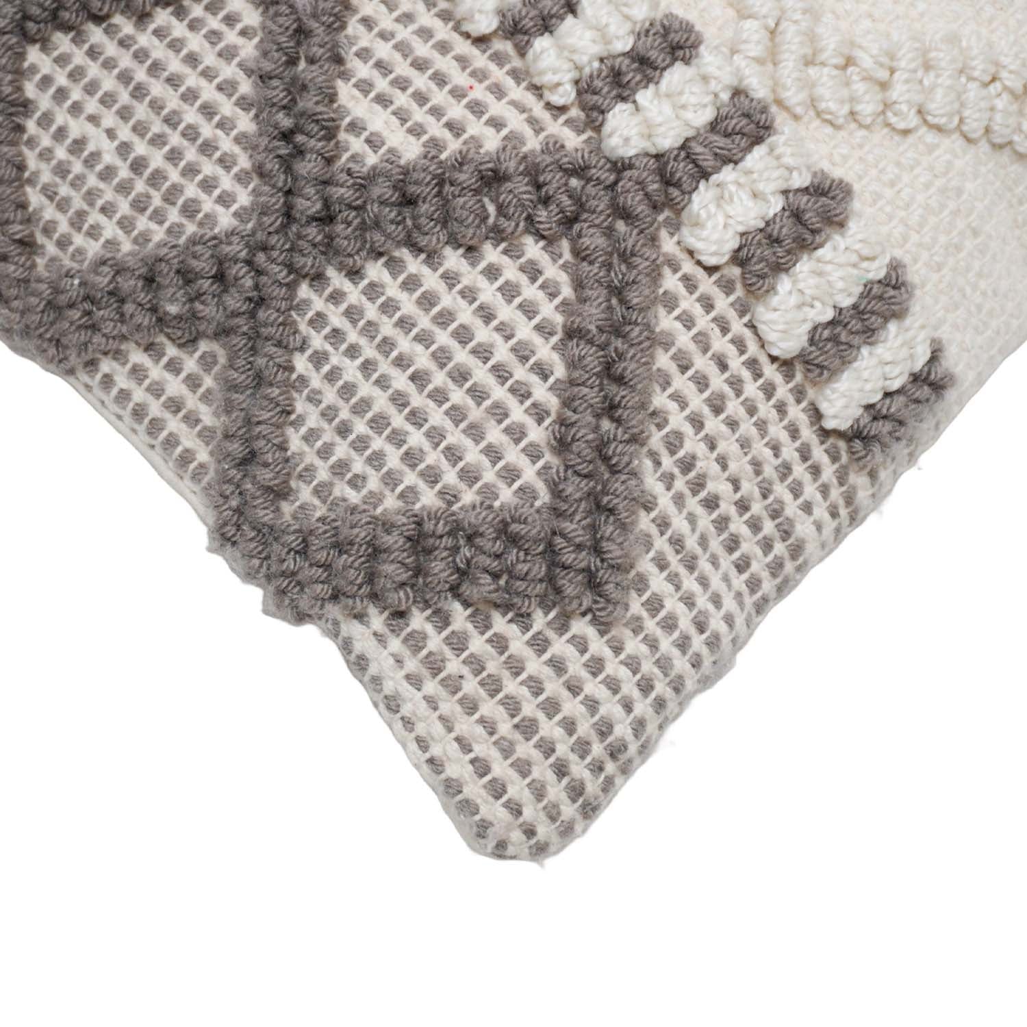 Handwoven Textured Polyester Cushion Cover 45x45 cm | Geometric Tufted Boho Decorative Throw Pillow Cover | Hidden Zipper | Grey & Ivory