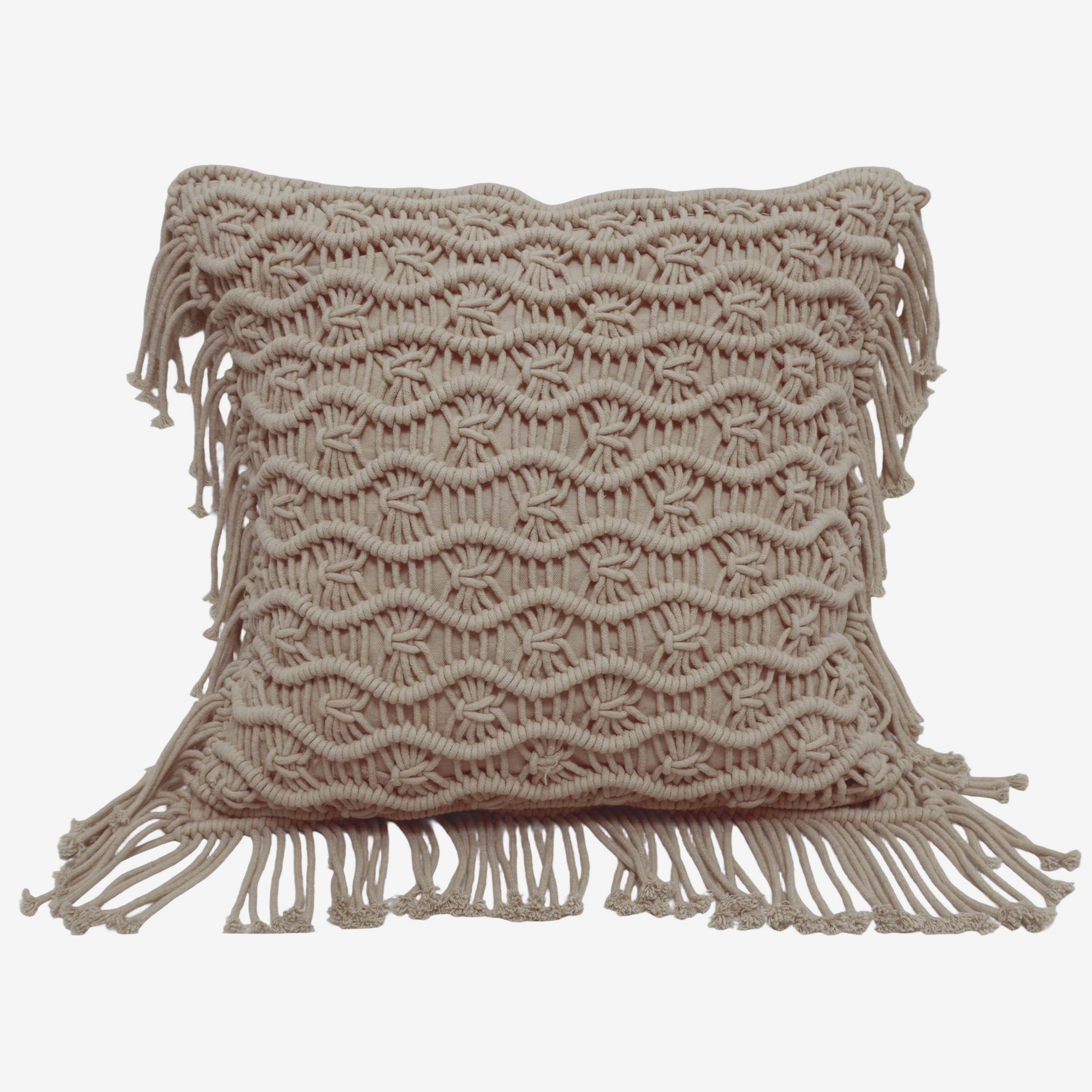 Handcrafted Macramé Cotton Cushion Cover 45x45 cm – Textured Boho Fringe Pillow Cover
