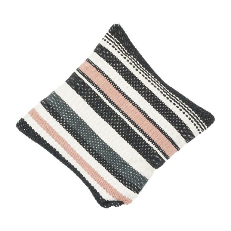 Woven Striped Cotton Cushion Cover | Textured Boho Black, Beige & Blush Pillow Case | 18x18 Inch Decorative Throw Cushion - Bulk manufacturer & supplier from Panipat, India