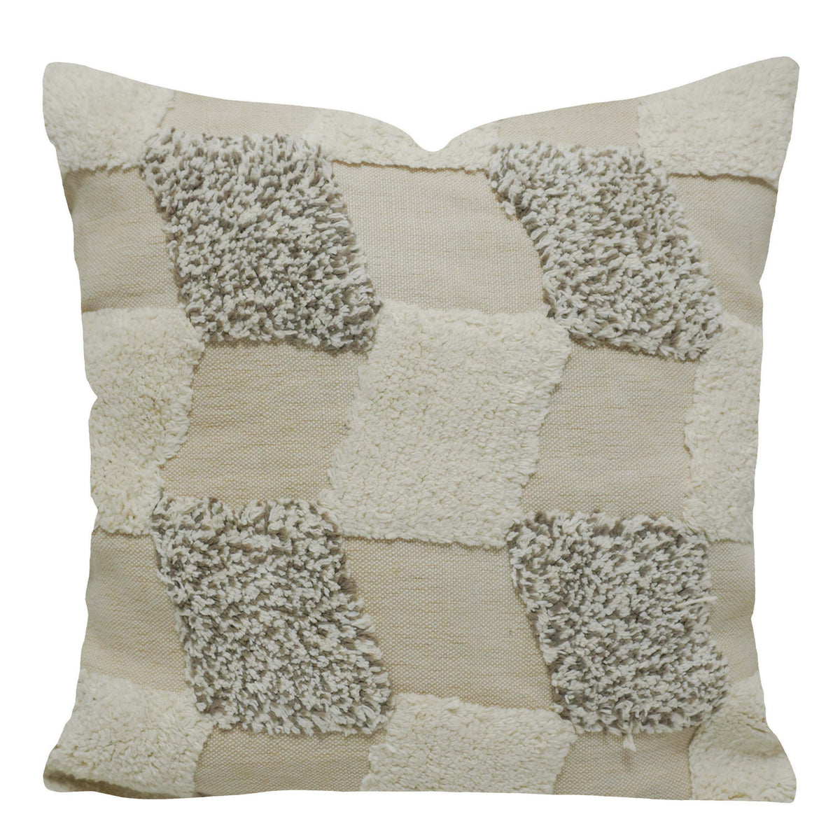 Handcrafted Tufted Cotton Cushion Cover – Textured Geometric Patchwork Design, Cream & Beige, 45 x 45 cm
