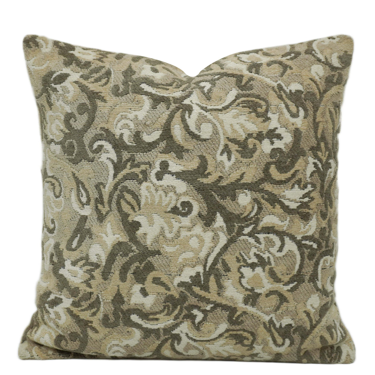 Handwoven Jacquard Cushion Cover 45 x 45 cm – Beige & Olive Floral Damask Design