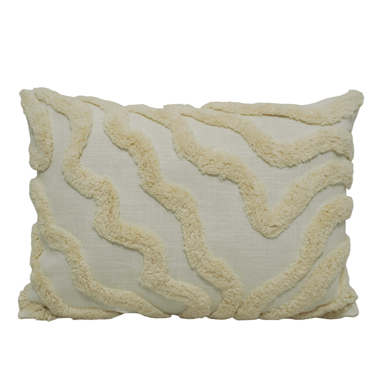 Handmade Tufted Cotton Cushion Cover 35x50 cm | Abstract Wave Textured Lumbar Pillow Cover | Cream Boho Decorative Cushion Cover with Hidden Zipper