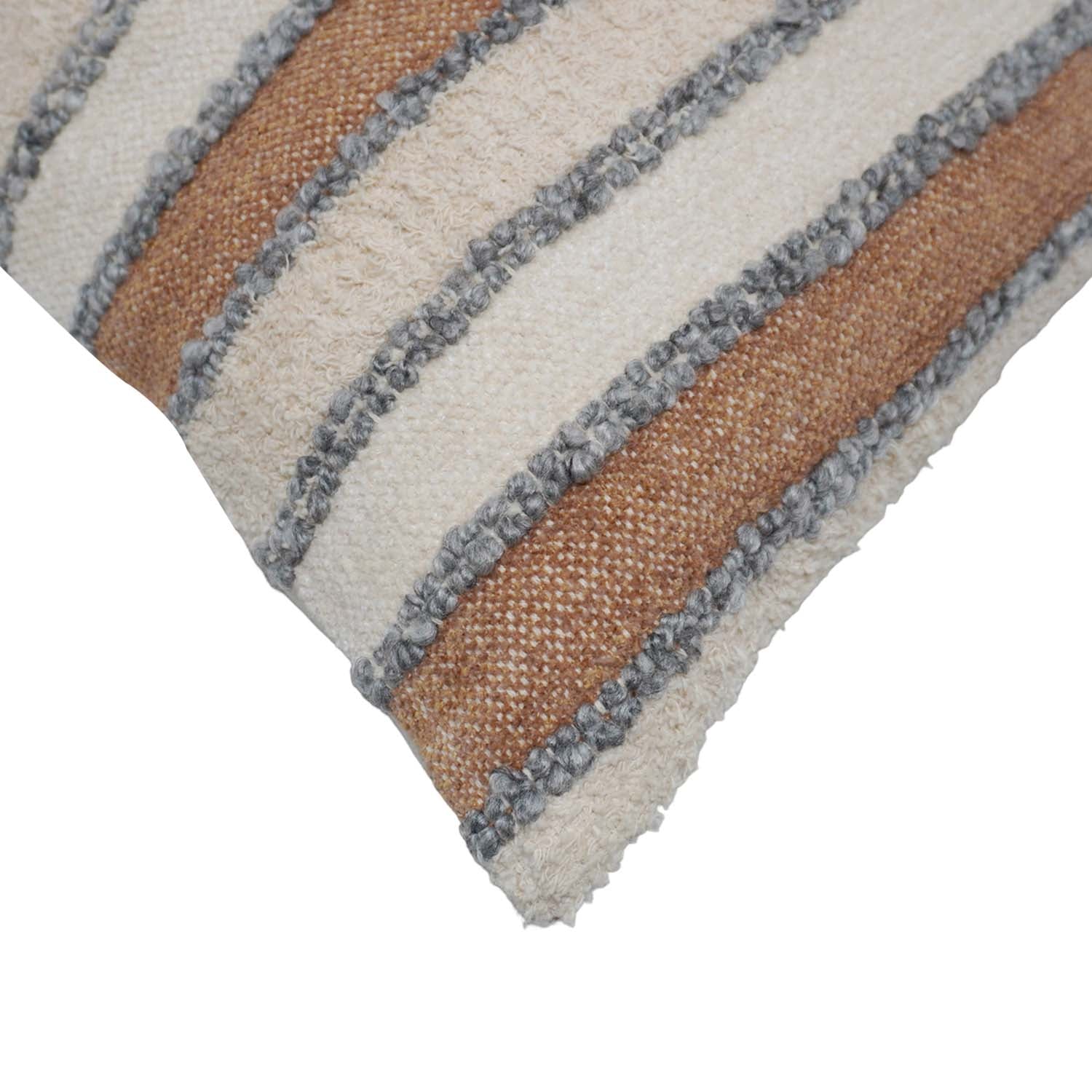 Handwoven Cotton Striped Cushion Cover 45x45 cm | Textured Tufted Boho Throw Pillow Cover | Neutral Beige, Ivory & Grey Decorative Cushion Cover with Hidden Zipper