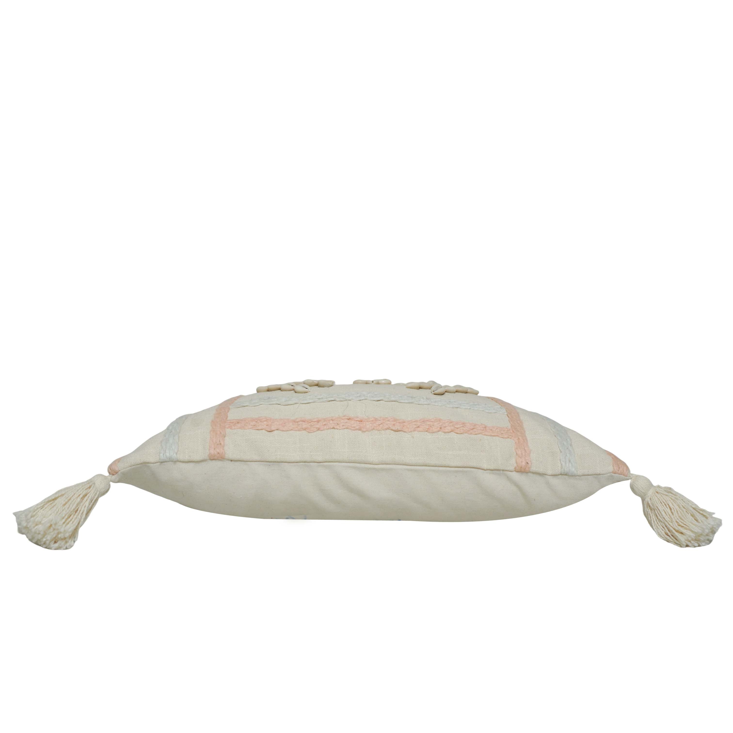 Handcrafted Cotton Cushion Cover with Shell Embellishments & Tassels | Decorative Lumbar Cushion Cover | 35 x 50 cm | Hidden Zipper