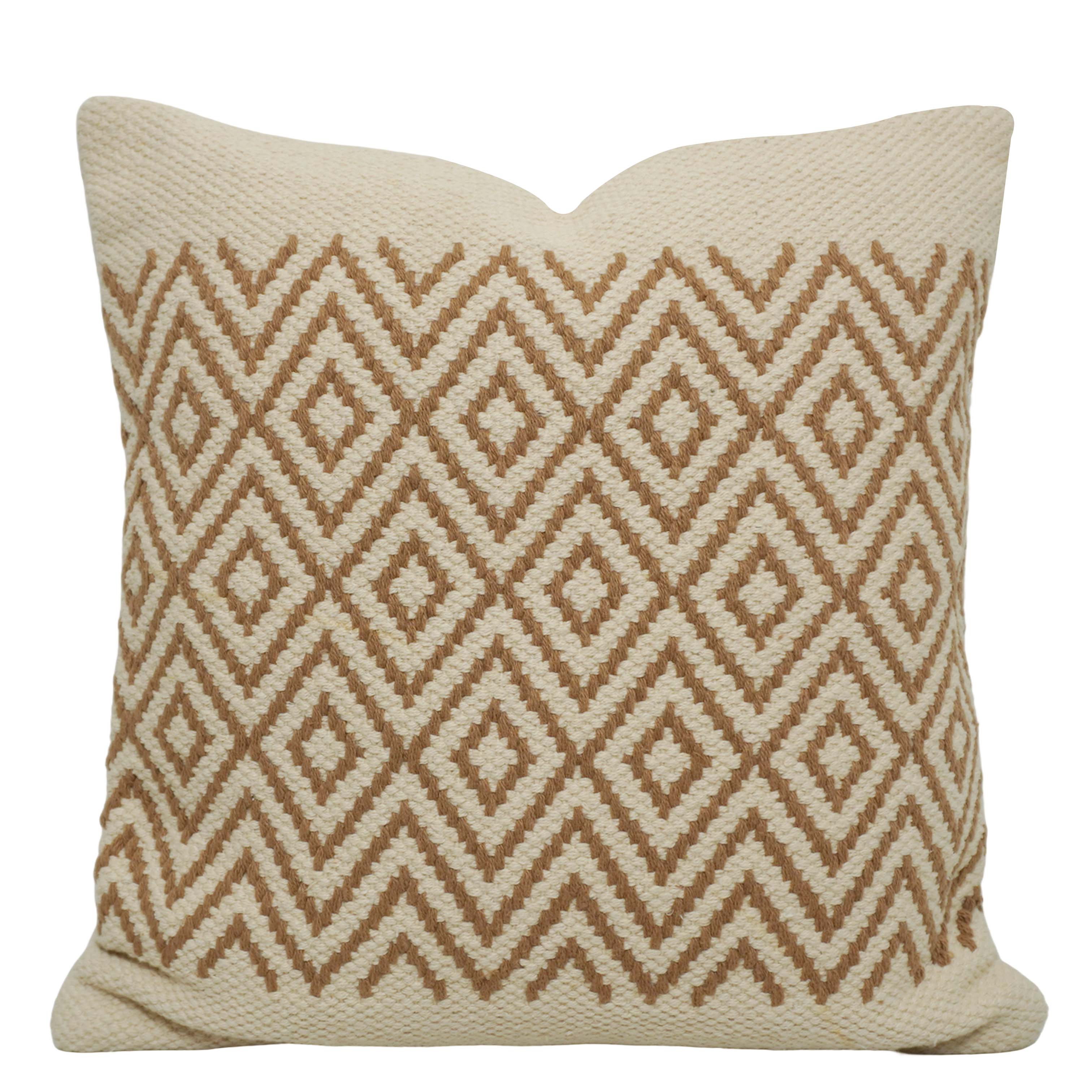 Handwoven Cotton Cushion Cover 45x45 cm | Geometric Diamond Pattern | Textured Woven Decorative Throw Pillow Cover | Beige & Natural | Hidden Zip | Boho Home Décor