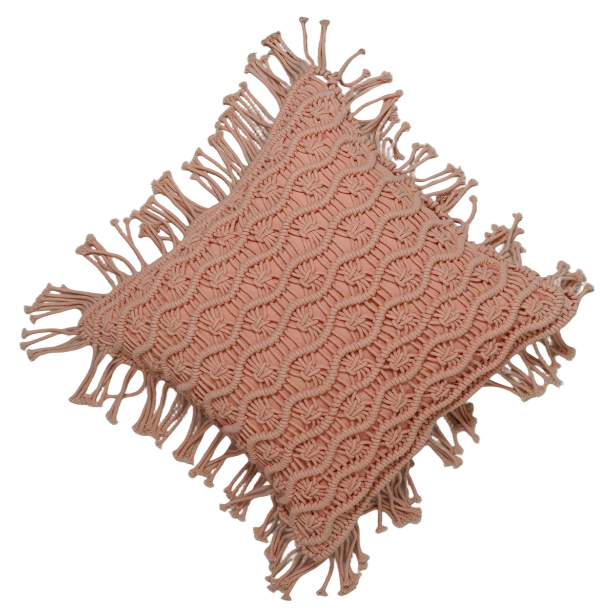Handwoven Macramé Cotton Cushion Cover with Fringe | Boho Decorative Throw Pillow Cover | 45 x 45 cm | Blush Pink
