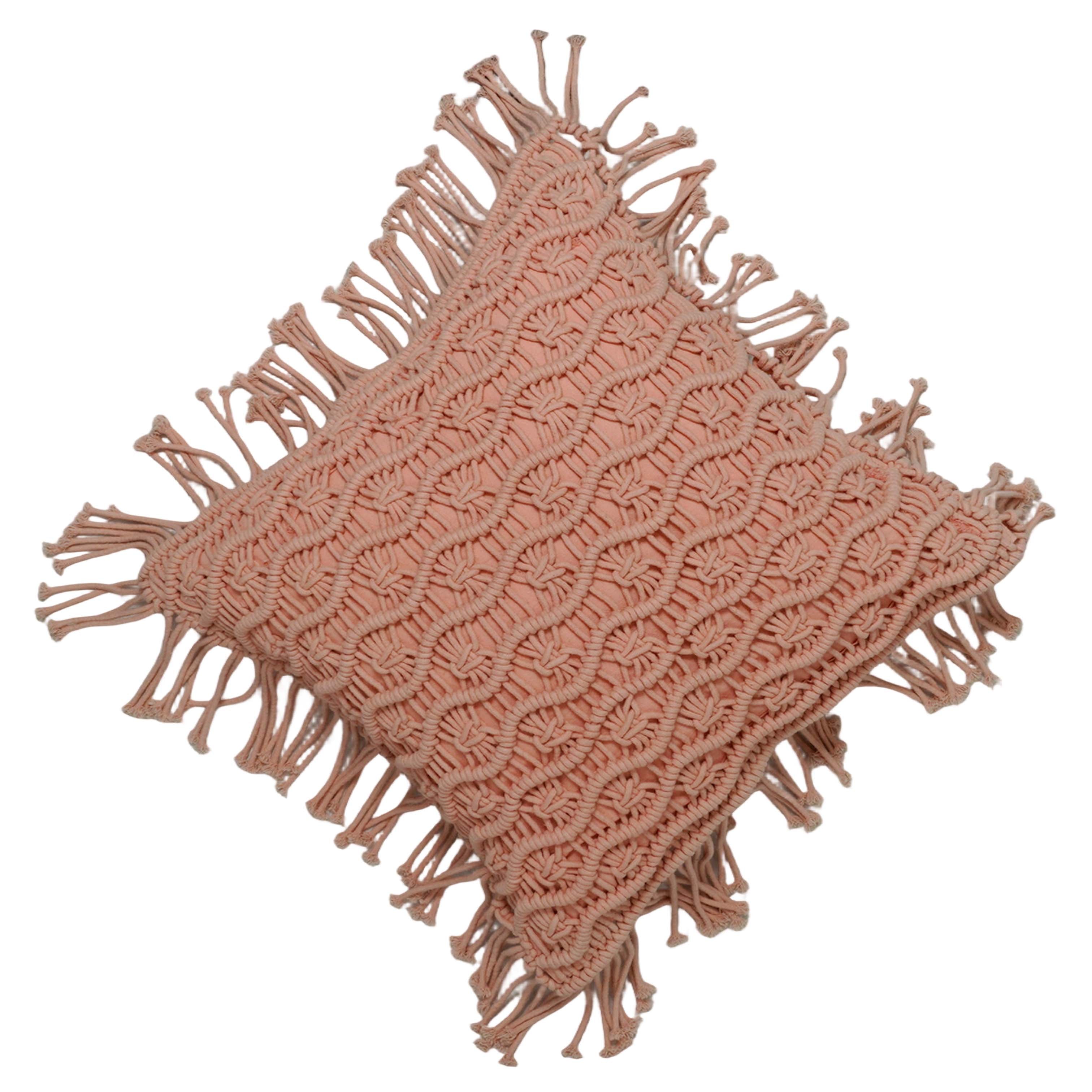 Handwoven Macramé Cotton Cushion Cover with Fringe | Boho Decorative Throw Pillow Cover | 45 x 45 cm | Blush Pink