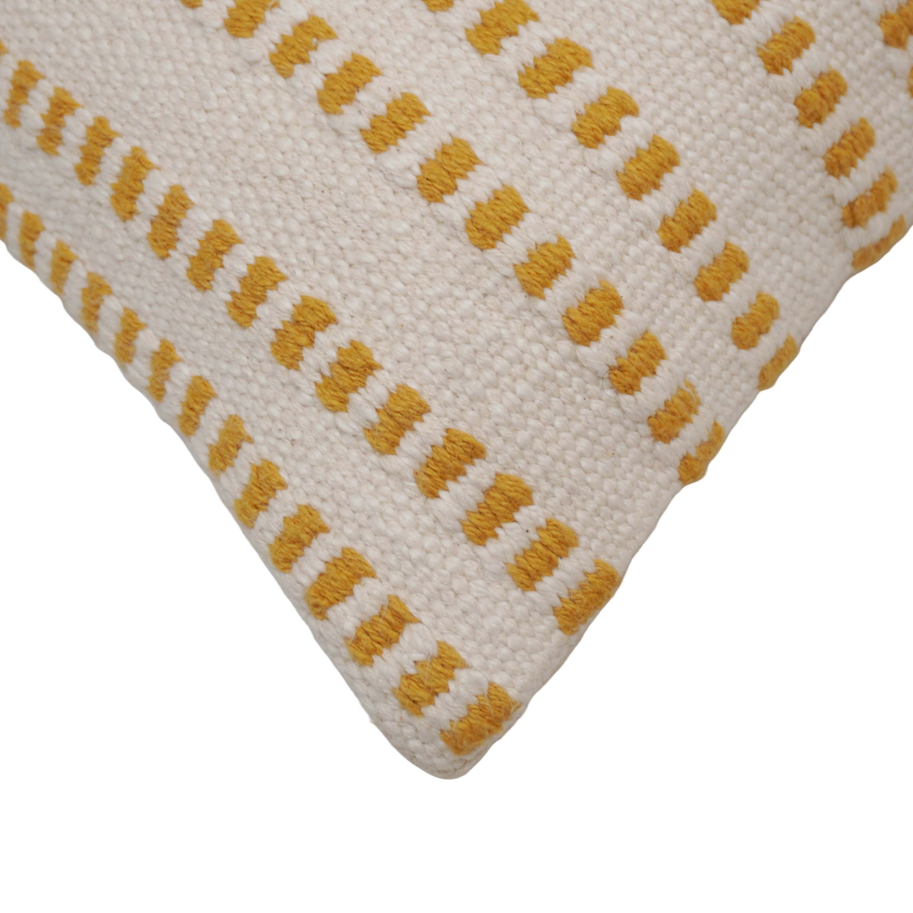 Handwoven Cotton Cushion Cover 45x45 cm | Ivory & Mustard Striped Woven Throw Pillow Cover | Textured Boho Farmhouse Decorative Cushion Cover with Hidden Zipper