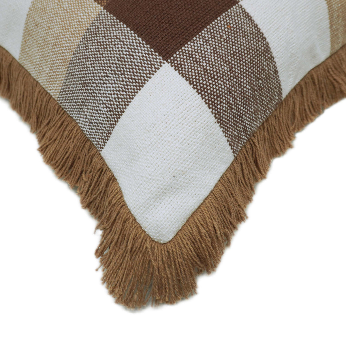 Handwoven Checkered Cotton Cushion Cover with Fringe – 45 x 45 cm