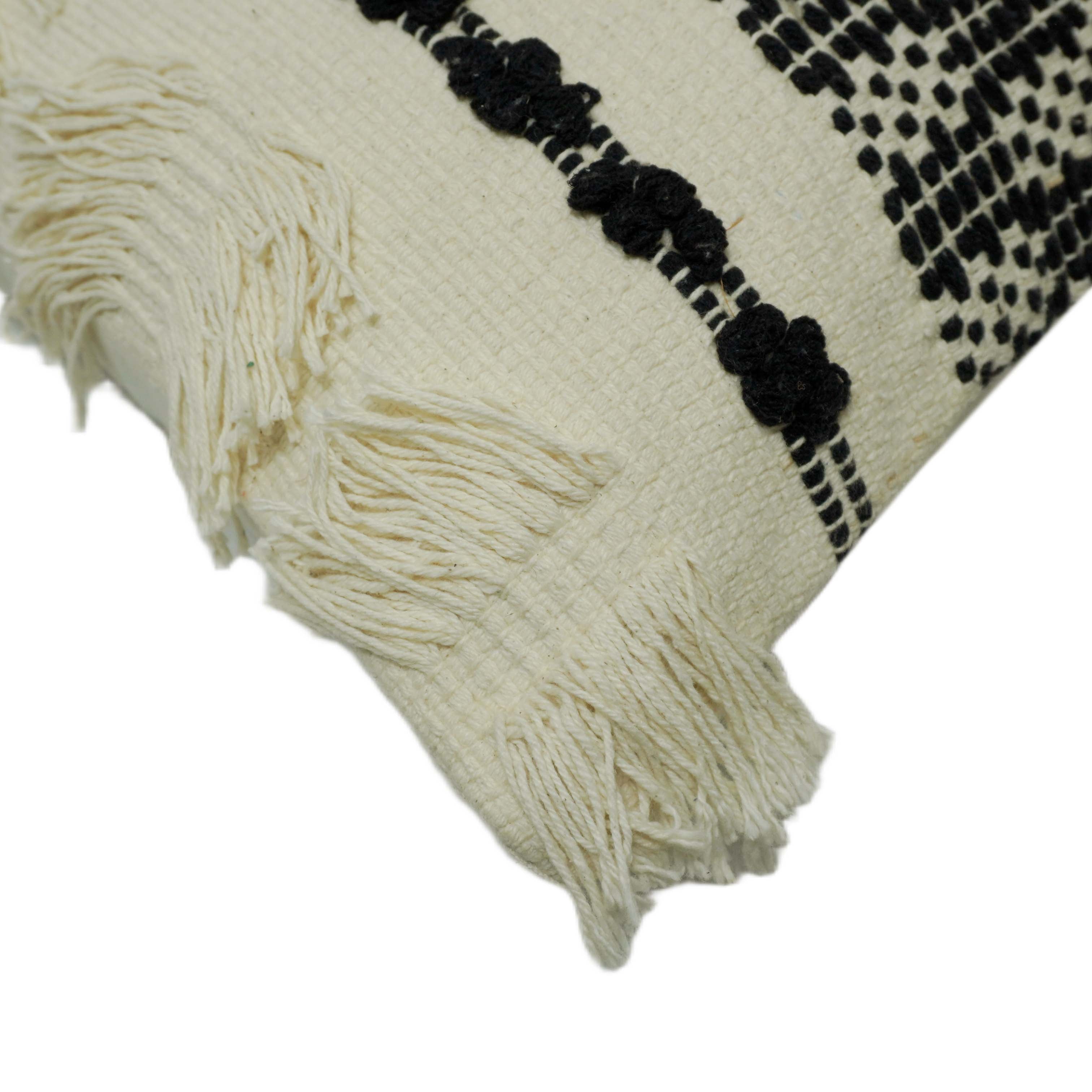 Handwoven Black & Ivory Geometric Textured Cushion Cover with Tassels – 45 x 45 cm
