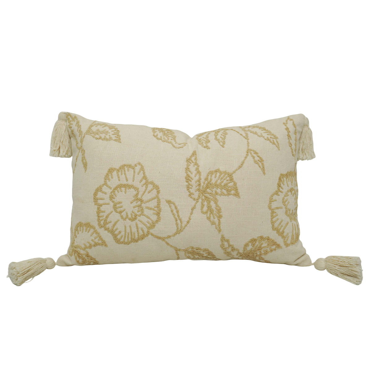 Machine Embroidered Floral Cotton Cushion Cover with Tassels | Decorative Lumbar Pillow Cover | Concealed Zipper | 35 x 50 cm | Ivory & Beige