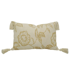 Machine Embroidered Floral Cotton Cushion Cover with Tassels | Decorative Lumbar Pillow Cover | Concealed Zipper | 35 x 50 cm | Ivory & Beige