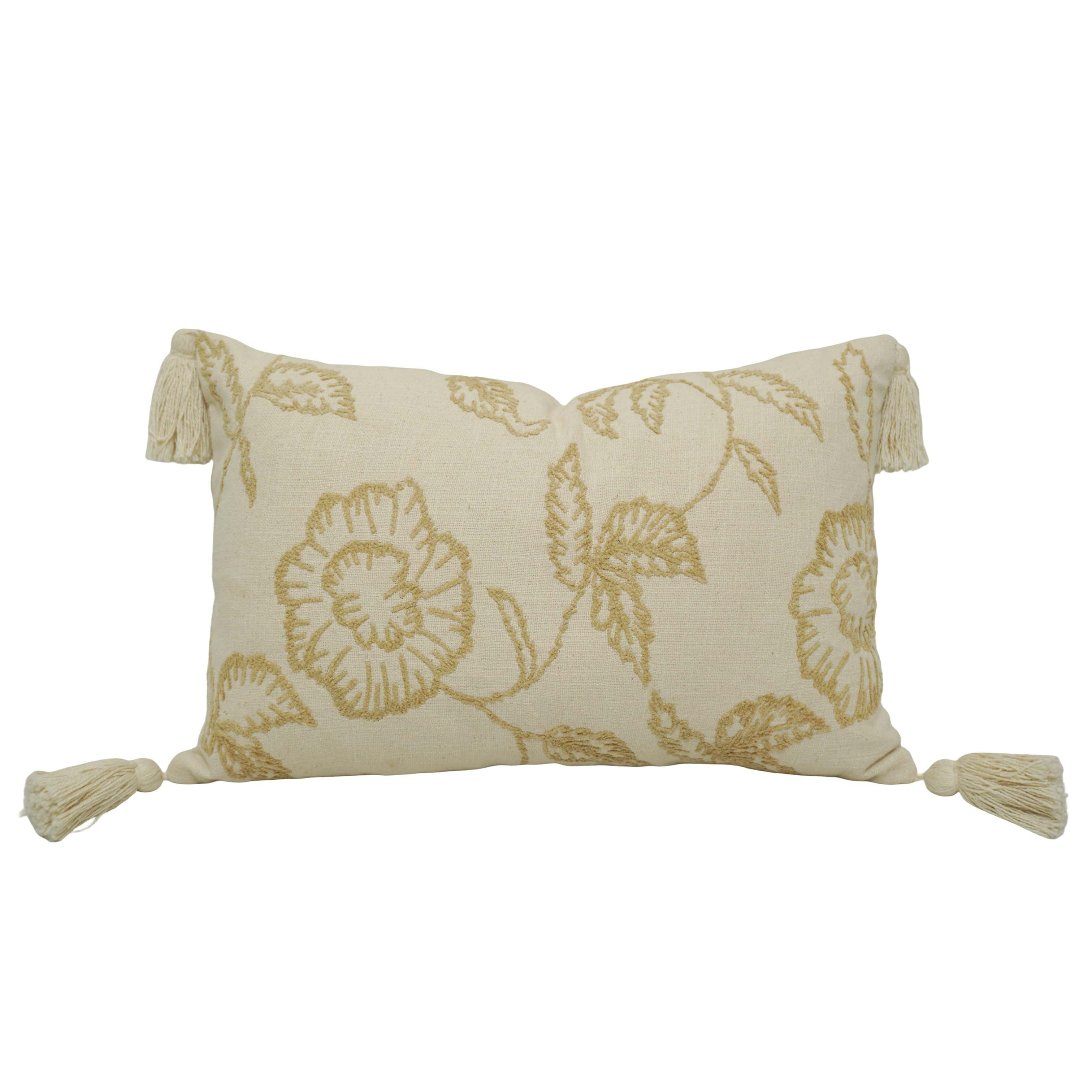 Machine Embroidered Floral Cotton Cushion Cover with Tassels | Decorative Lumbar Pillow Cover | Concealed Zipper | 35 x 50 cm | Ivory & Beige