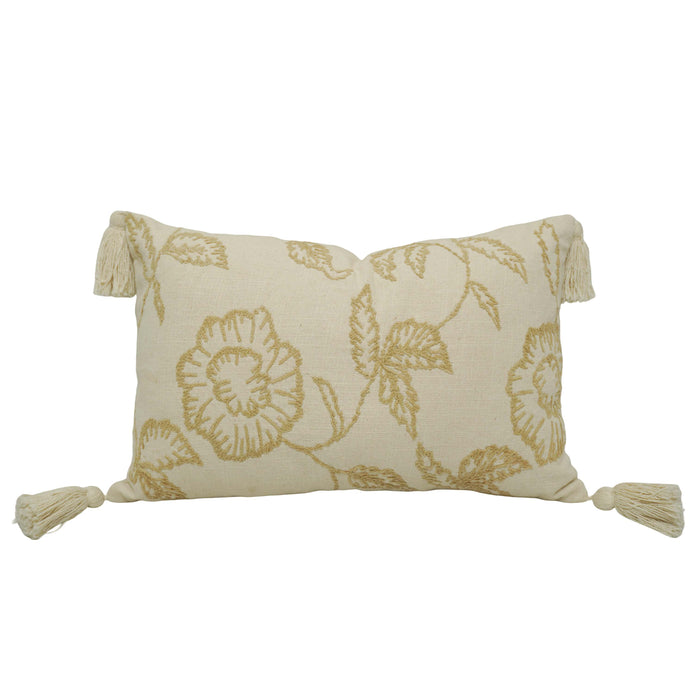 Machine Embroidered Floral Cotton Cushion Cover with Tassels | Decorative Lumbar Pillow Cover | Concealed Zipper | 35 x 50 cm | Ivory & Beige