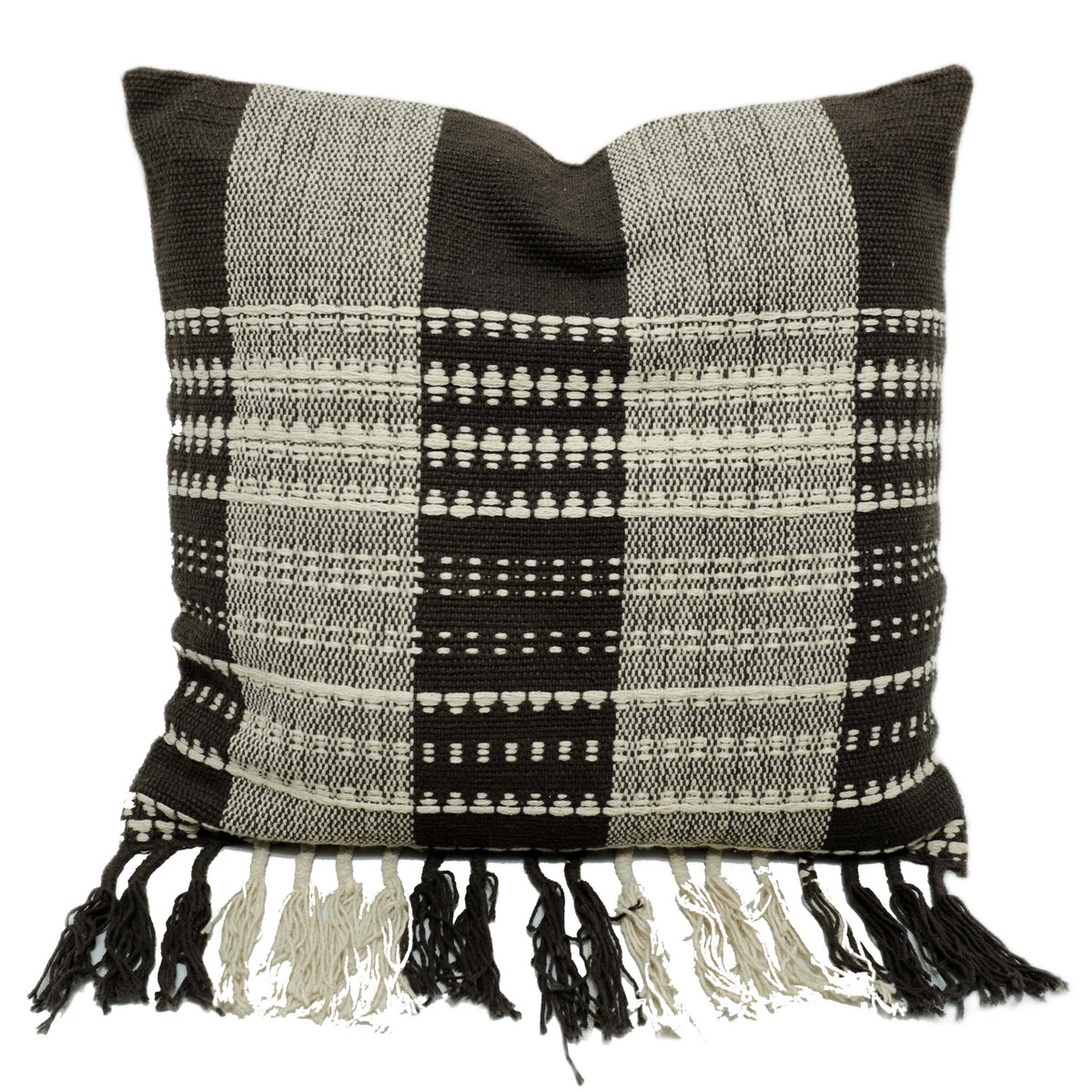 Handgewebter schwarz-cremefarbener, karierter Kissenbezug 45x45 cm mit Quastenverzierung