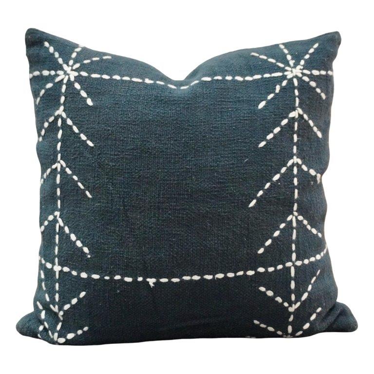 Hand Embroidered Cotton Cushion Cover 45x45 cm | Geometric Stitch Design | Navy Blue Decorative Pillow Cover - Bulk manufacturer & supplier from Panipat, India