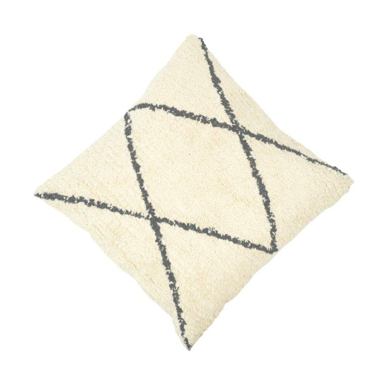 Handmade Moroccan Tufted Cotton Cushion Cover 45x45 cm | Cream & Black Geometric Pattern | Boho Decorative Pillow Cover
