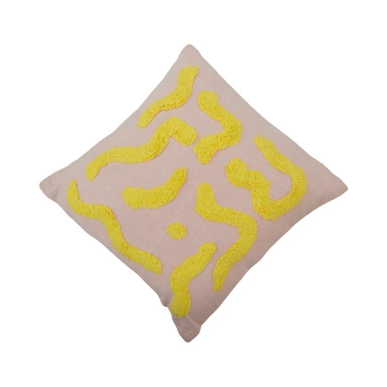 Tufted Abstract Cotton Cushion Cover – 45x45 cm | Modern Textured Decorative Pillow Cover in Blush Pink & Yellow - Bulk manufacturer & supplier from Panipat, India