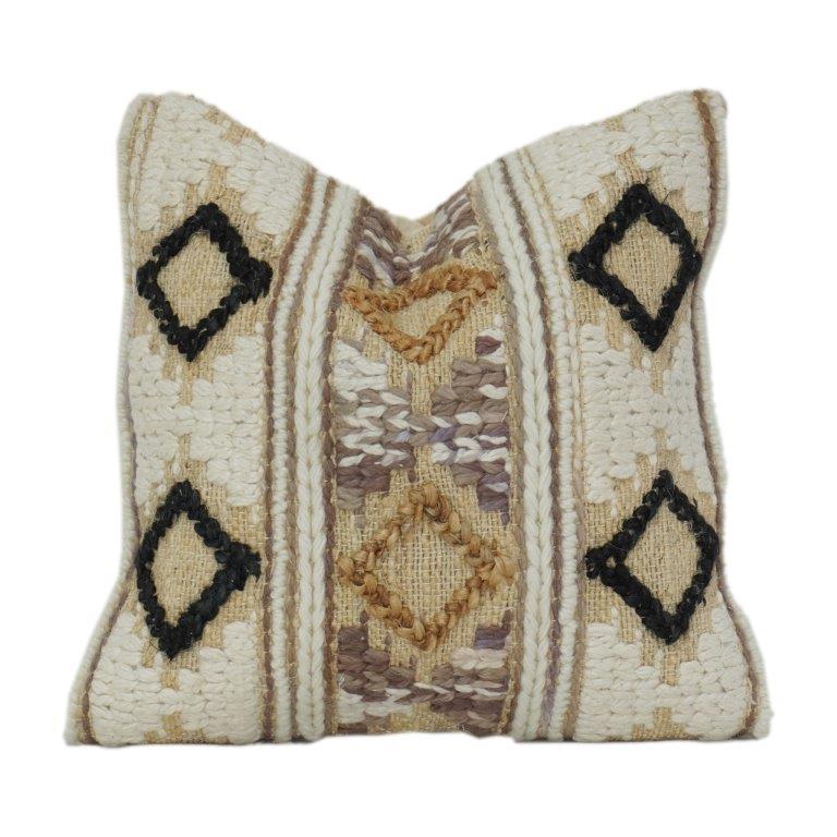 Handwoven Jute Cotton Cushion Cover with Geometric Tribal Embroidery | Boho Rustic Textured Pillow Cover (18x18 Inch) - Bulk manufacturer & supplier from Panipat, India