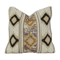Handwoven Jute Cotton Cushion Cover with Geometric Tribal Embroidery | Boho Rustic Textured Pillow Cover (18x18 Inch)