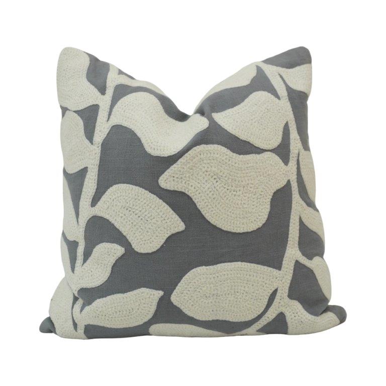 Abstract Leaf Embroidered Cotton Cushion Cover 45x45 cm | Grey & Ivory Decorative Throw Pillow Cover - Bulk manufacturer & supplier from Panipat, India
