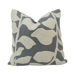 Abstract Leaf Embroidered Cotton Cushion Cover 45x45 cm | Grey & Ivory Decorative Throw Pillow Cover