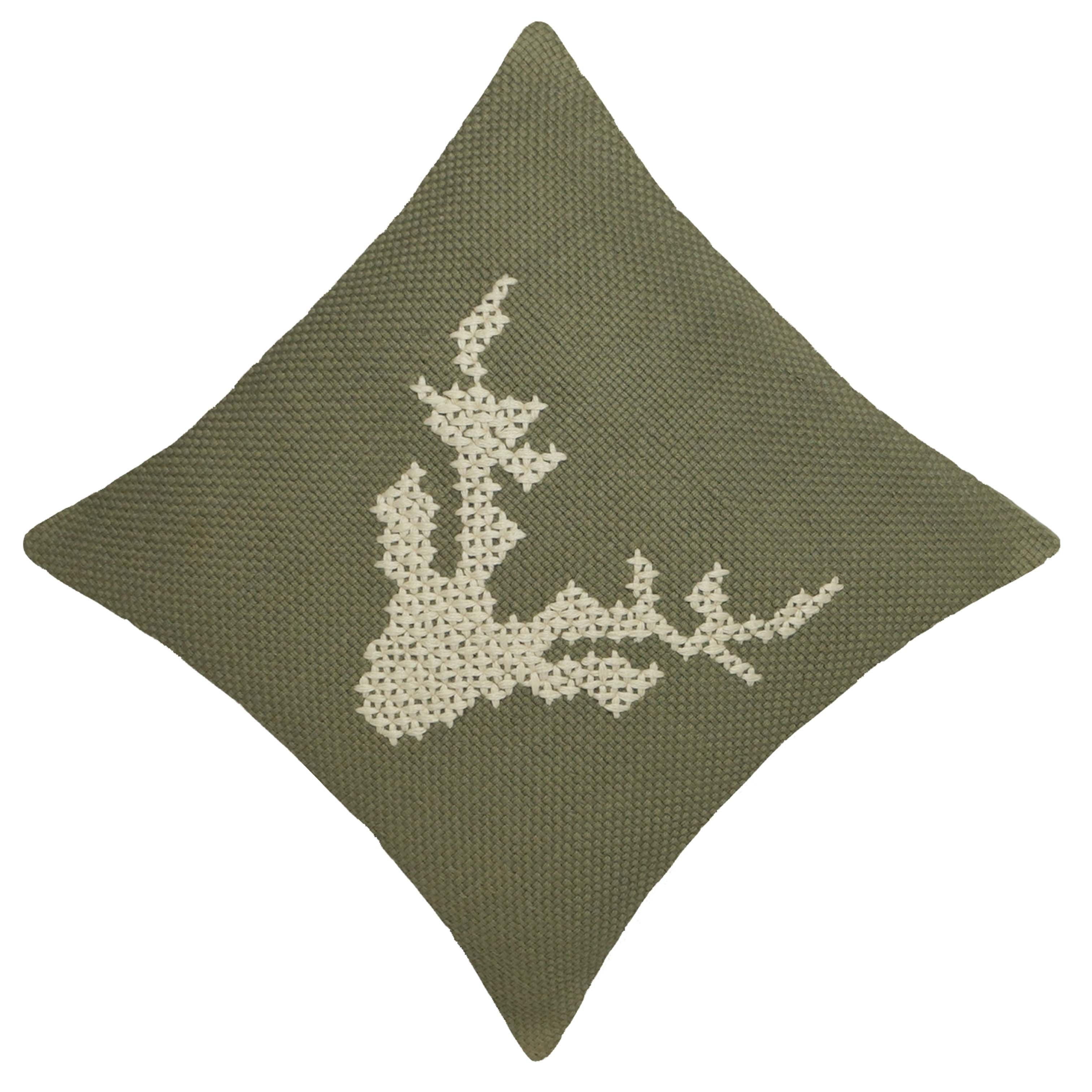 Handwoven Cotton Cushion Cover 45x45 cm | Embroidered Deer Head Design | Decorative Throw Pillow Cover | Hidden Zipper | Olive Green