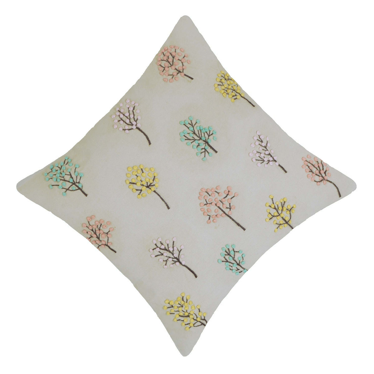 Multicolor pastel tree embroidered cotton cushion cover 45x45 cm