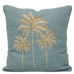 Embroidered Palm Tree Cotton Cushion Cover 45x45 cm | Decorative Tropical Throw Pillow Cover with Concealed Zipper | Blue | 18x18 Inch