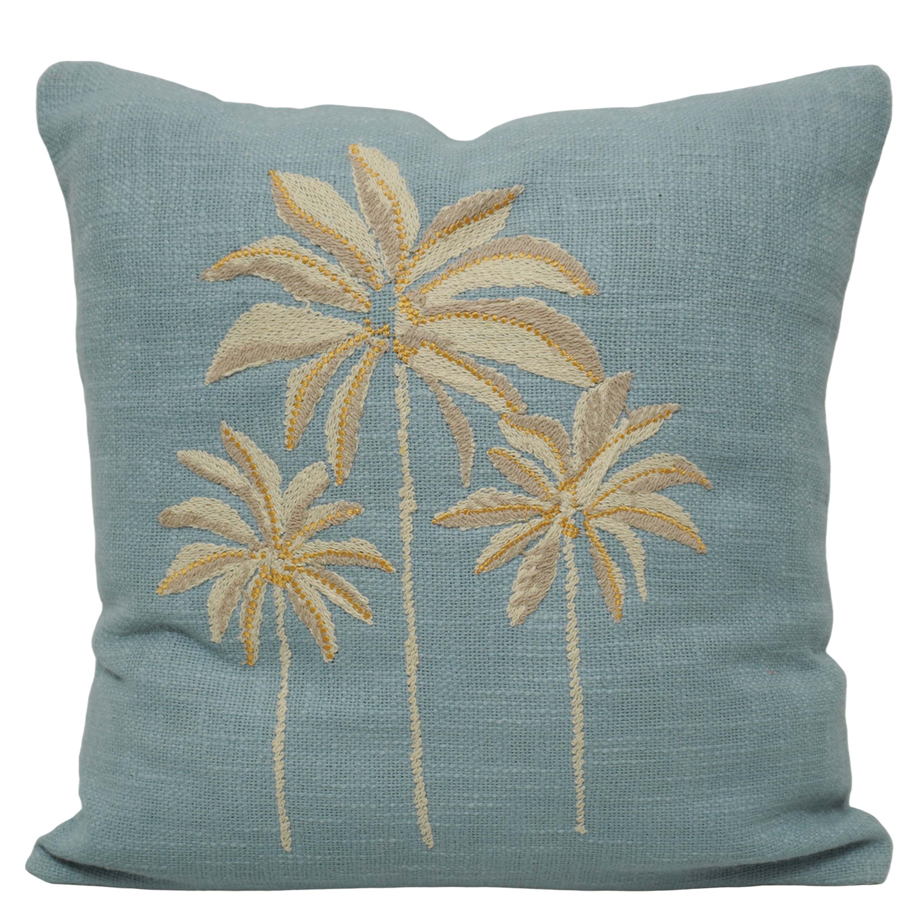 Embroidered Palm Tree Cotton Cushion Cover 45x45 cm | Decorative Tropical Throw Pillow Cover with Concealed Zipper | Blue | 18x18 Inch