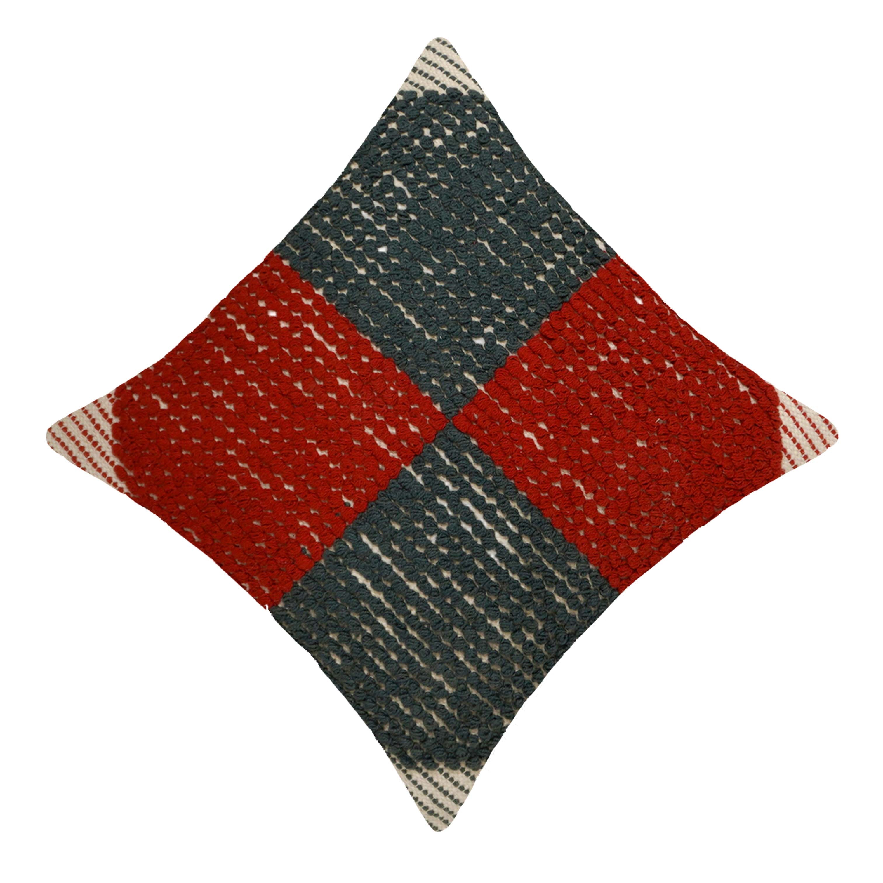 Handwoven Cotton Cushion Cover 45x45 cm | Geometric Color Block Textured Cushion Cover | Decorative Throw Pillow Cover with Concealed Zipper | Red & Charcoal Grey