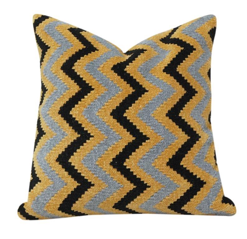 Embroidered Zigzag Cotton Cushion Cover | Mustard, Grey & Black Geometric Design | 18x18 Inch Decorative Pillow Cover - Bulk manufacturer & supplier from Panipat, India