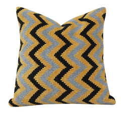 Housse de coussin en coton brodé zigzag | Motif géométrique moutarde, gris et noir | Housse de coussin décorative 45x45 cm