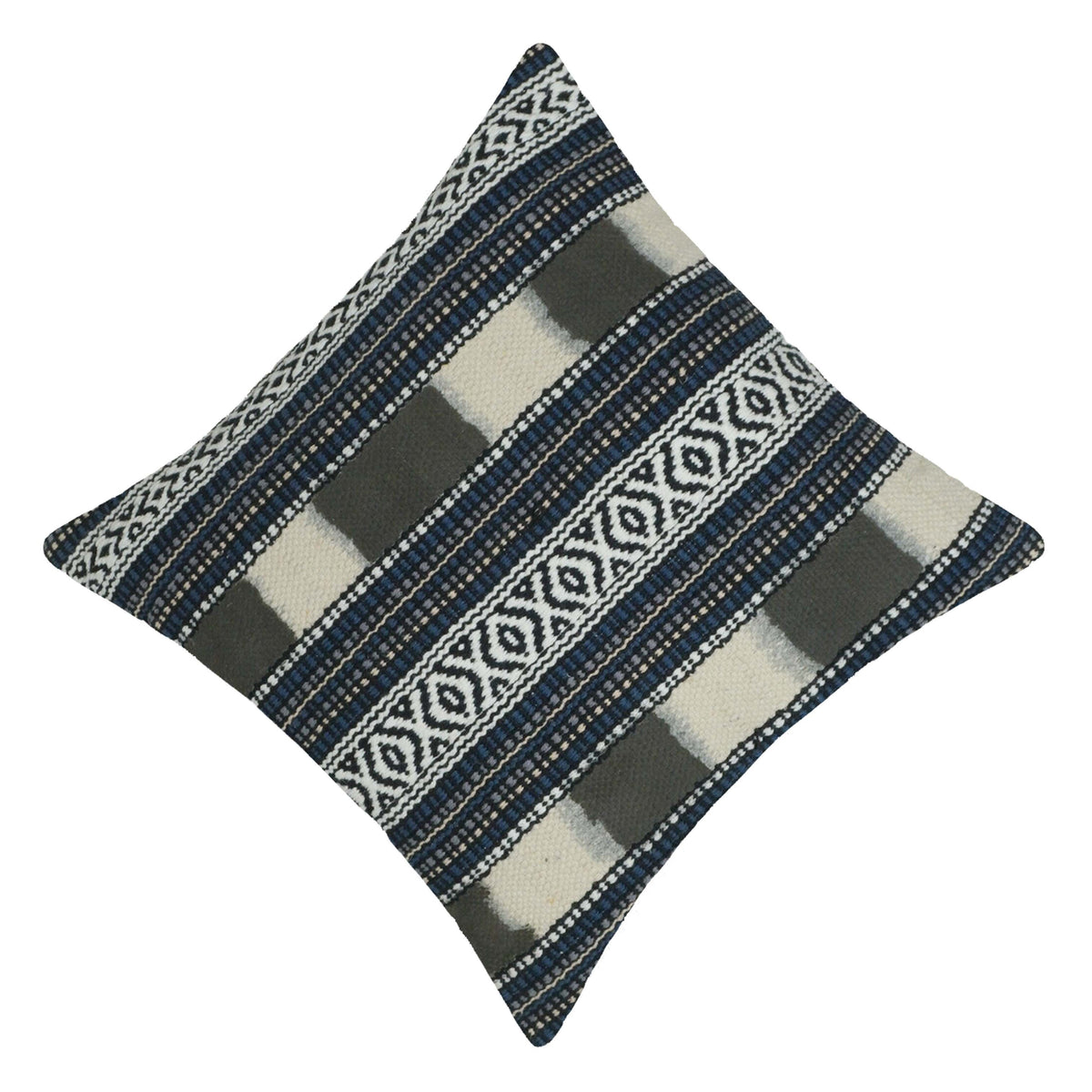 Handwoven Geometric Cotton Cushion Cover 45x45 cm – Blue, Ivory & Grey Textured Boho Accent Pillow Cover