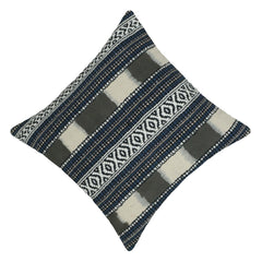Handwoven Geometric Cotton Cushion Cover 45x45 cm – Blue, Ivory & Grey Textured Boho Accent Pillow Cover