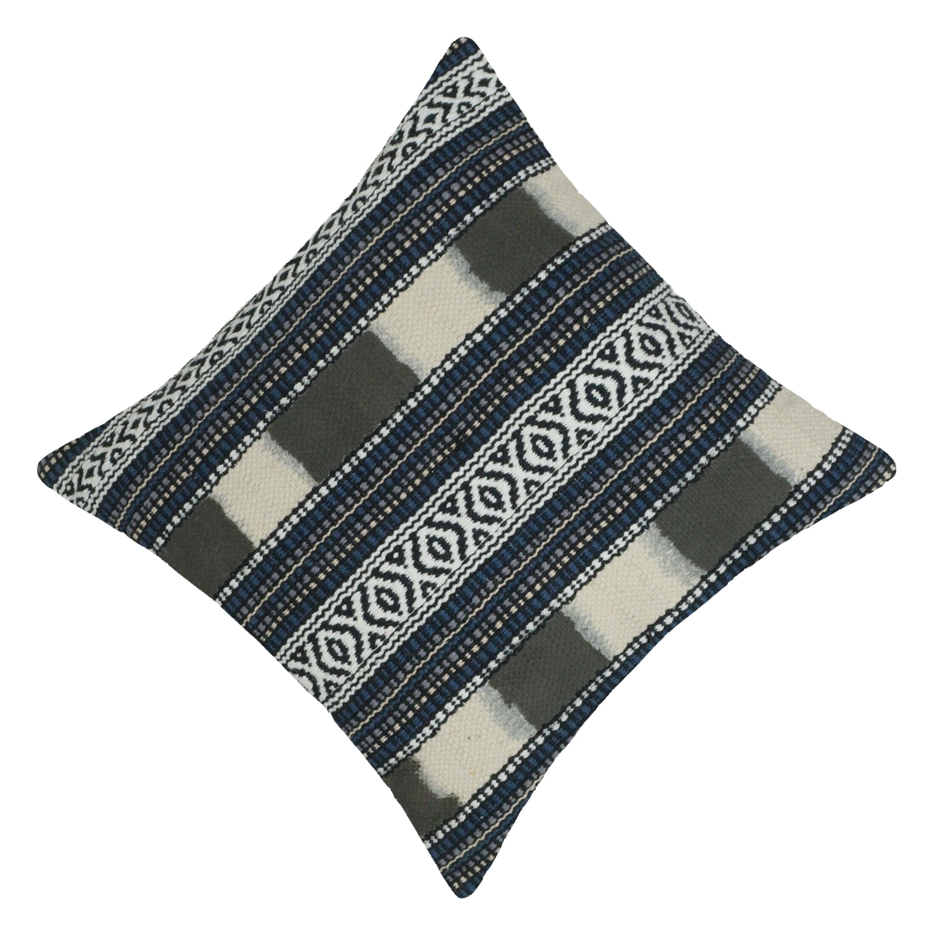 Handwoven Geometric Cotton Cushion Cover 45x45 cm – Blue, Ivory & Grey Textured Boho Accent Pillow Cover