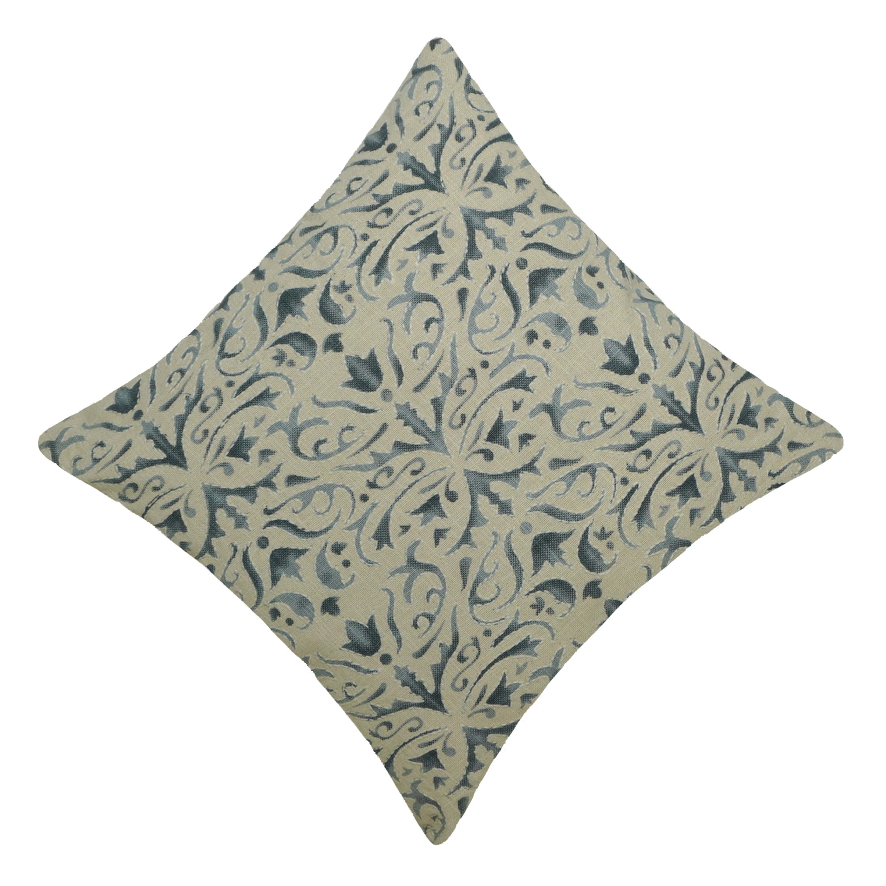 Printed Cotton Cushion Cover 45x45 cm | Blue Floral Damask Print on Natural Cotton | Decorative Throw Pillow Cover with Hidden Zip | 18x18 Inch