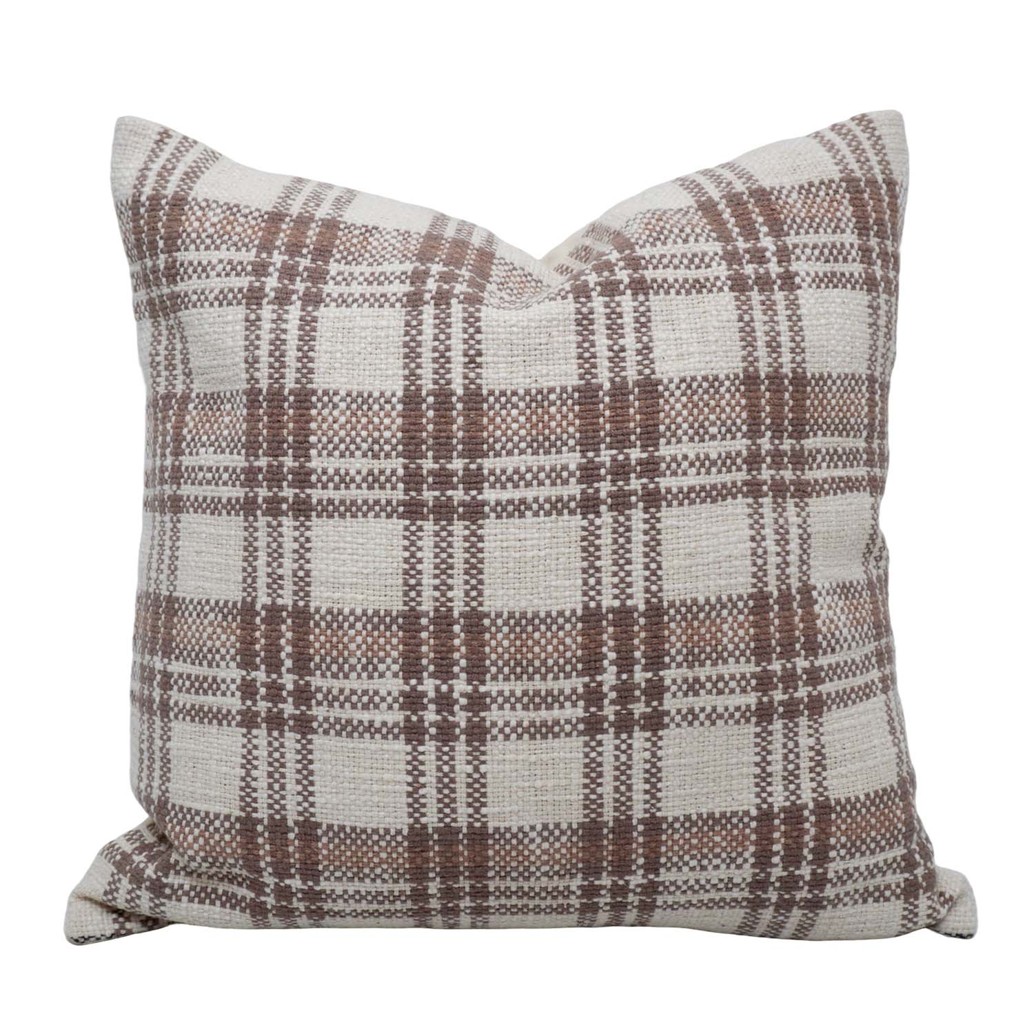 Handwoven Cotton Plaid Cushion Cover 45x45 cm | Beige & Brown Checkered Decorative Throw Pillow Cover | Modern Rustic Sofa Cushion Cover