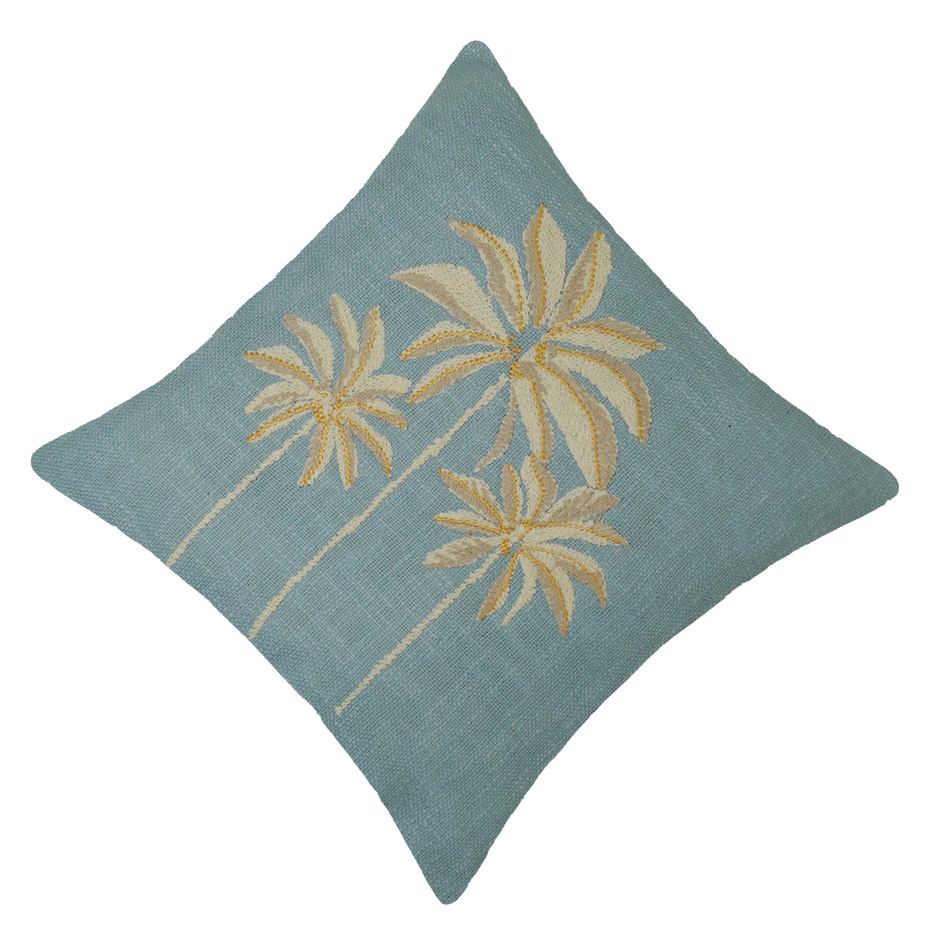 Embroidered Palm Tree Cotton Cushion Cover 45x45 cm | Decorative Tropical Throw Pillow Cover with Concealed Zipper | Blue | 18x18 Inch
