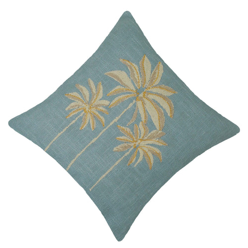 Embroidered Palm Tree Cotton Cushion Cover 45x45 cm | Decorative Tropical Throw Pillow Cover with Concealed Zipper | Blue | 18x18 Inch