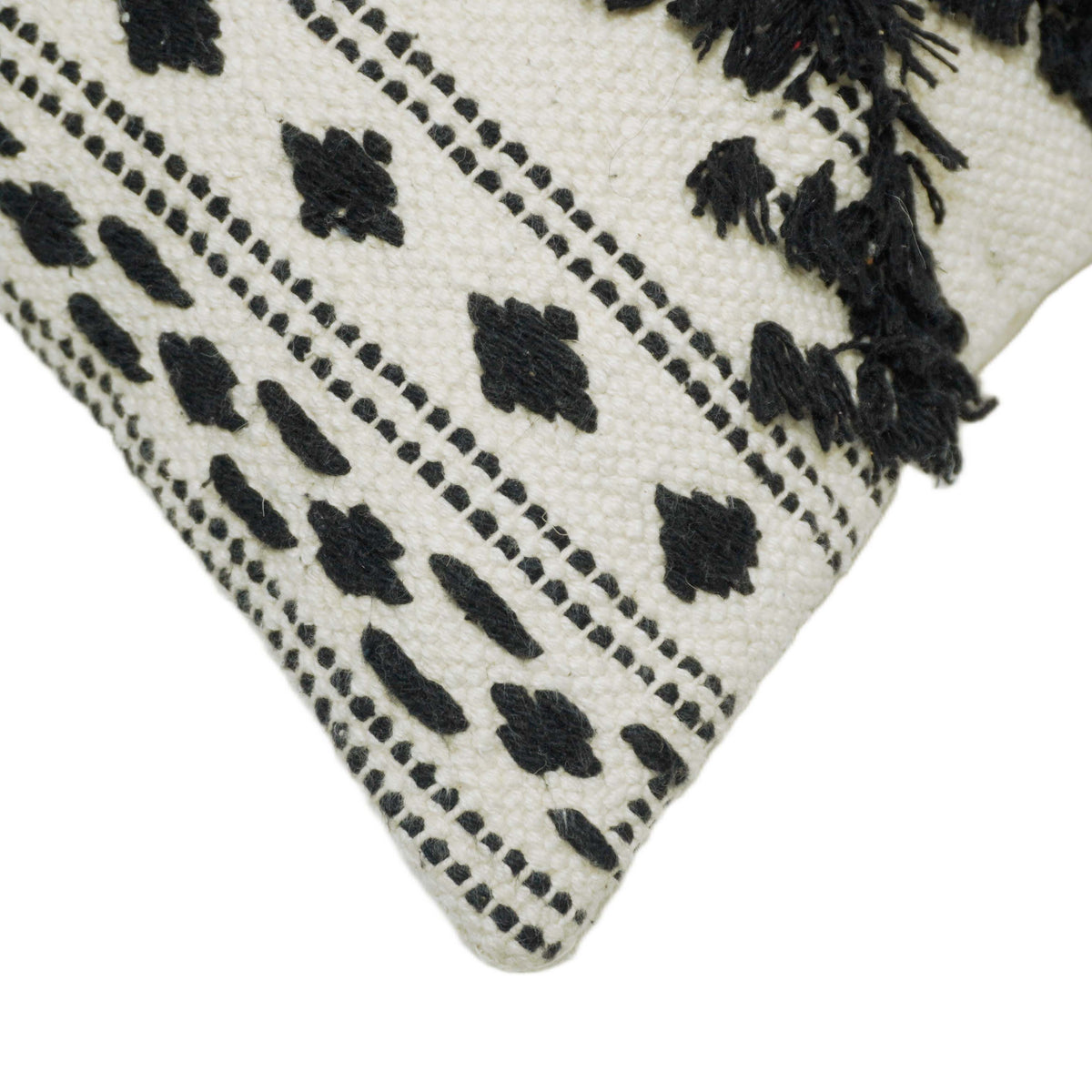 Black and cream geometric textured handwoven cushion cover with tassels 45x45 cm