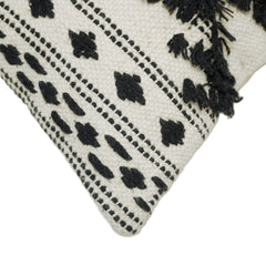 Black and cream geometric textured handwoven cushion cover with tassels 45x45 cm