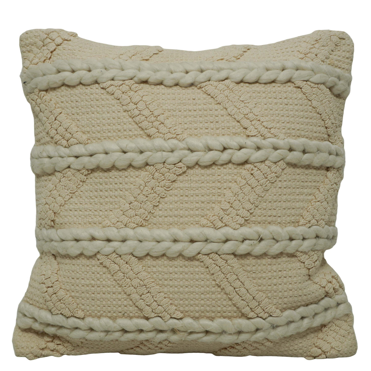 Handwoven Cotton Cushion Cover 45x45 cm | Textured Braided Boho Throw Pillow Cover | Handmade Decorative Cushion Cover with Concealed Zipper | Ivory