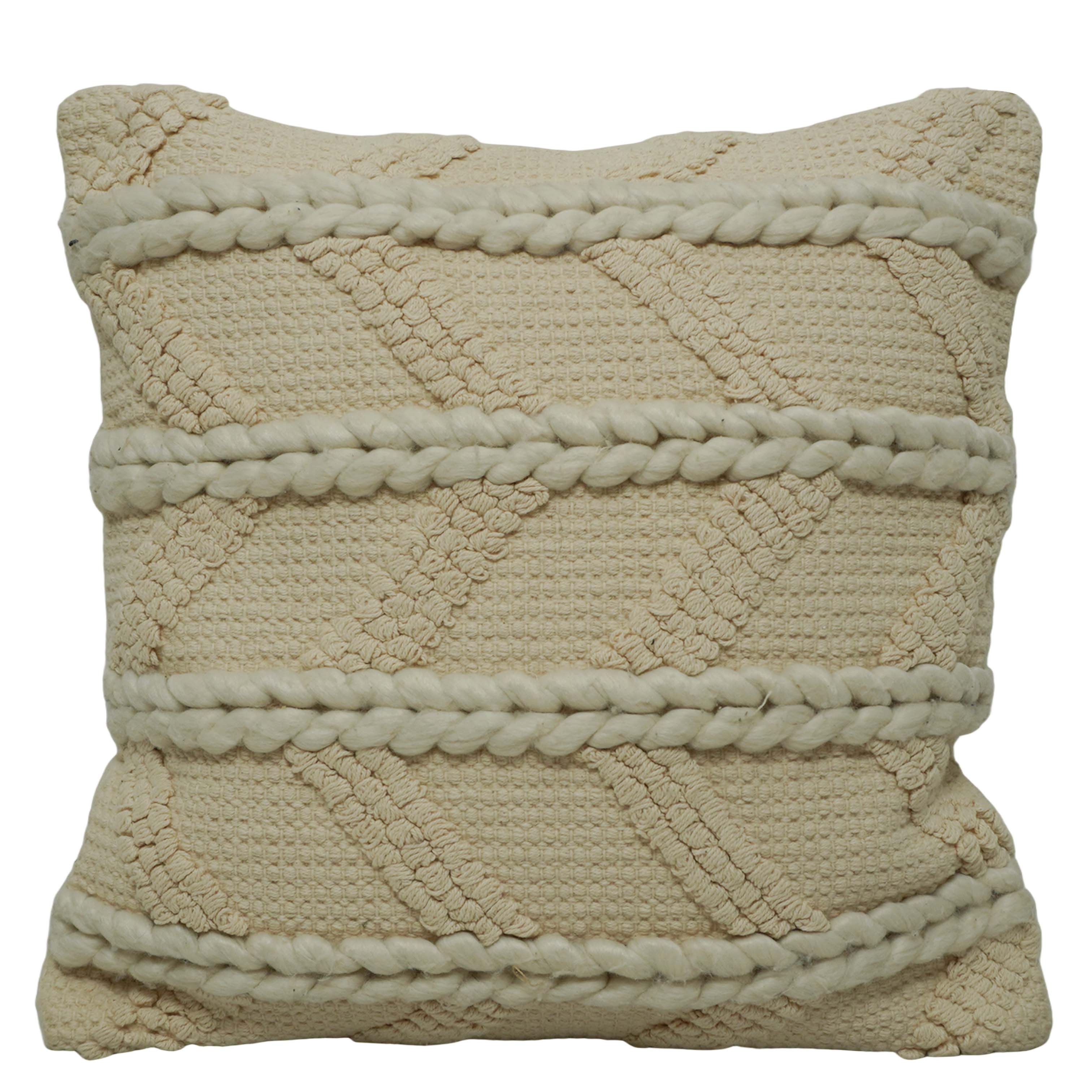 Handwoven Cotton Cushion Cover 45x45 cm | Textured Braided Boho Throw Pillow Cover | Handmade Decorative Cushion Cover with Concealed Zipper | Ivory
