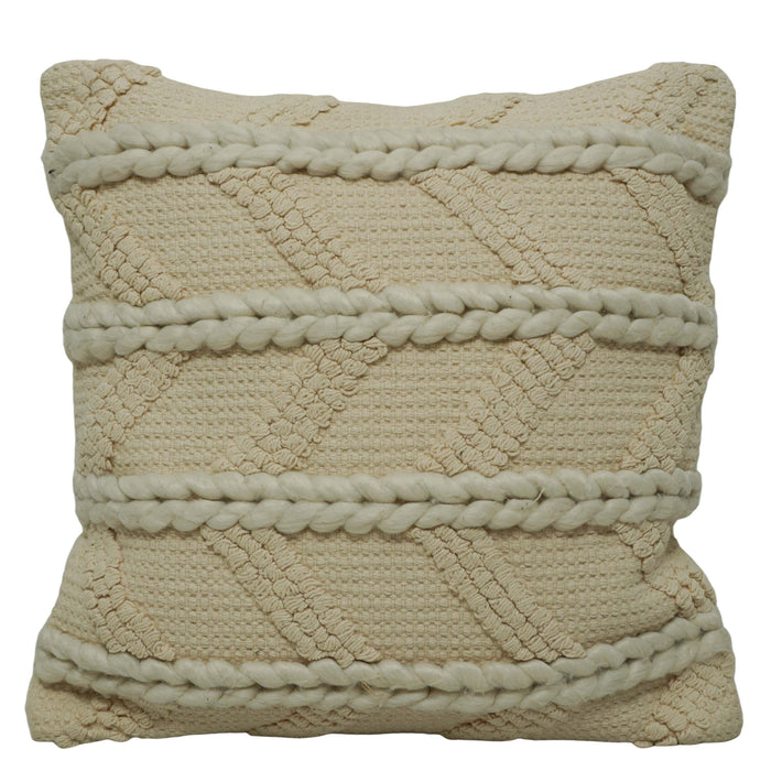 Handwoven Cotton Cushion Cover 45x45 cm | Textured Braided Boho Throw Pillow Cover | Handmade Decorative Cushion Cover with Concealed Zipper | Ivory