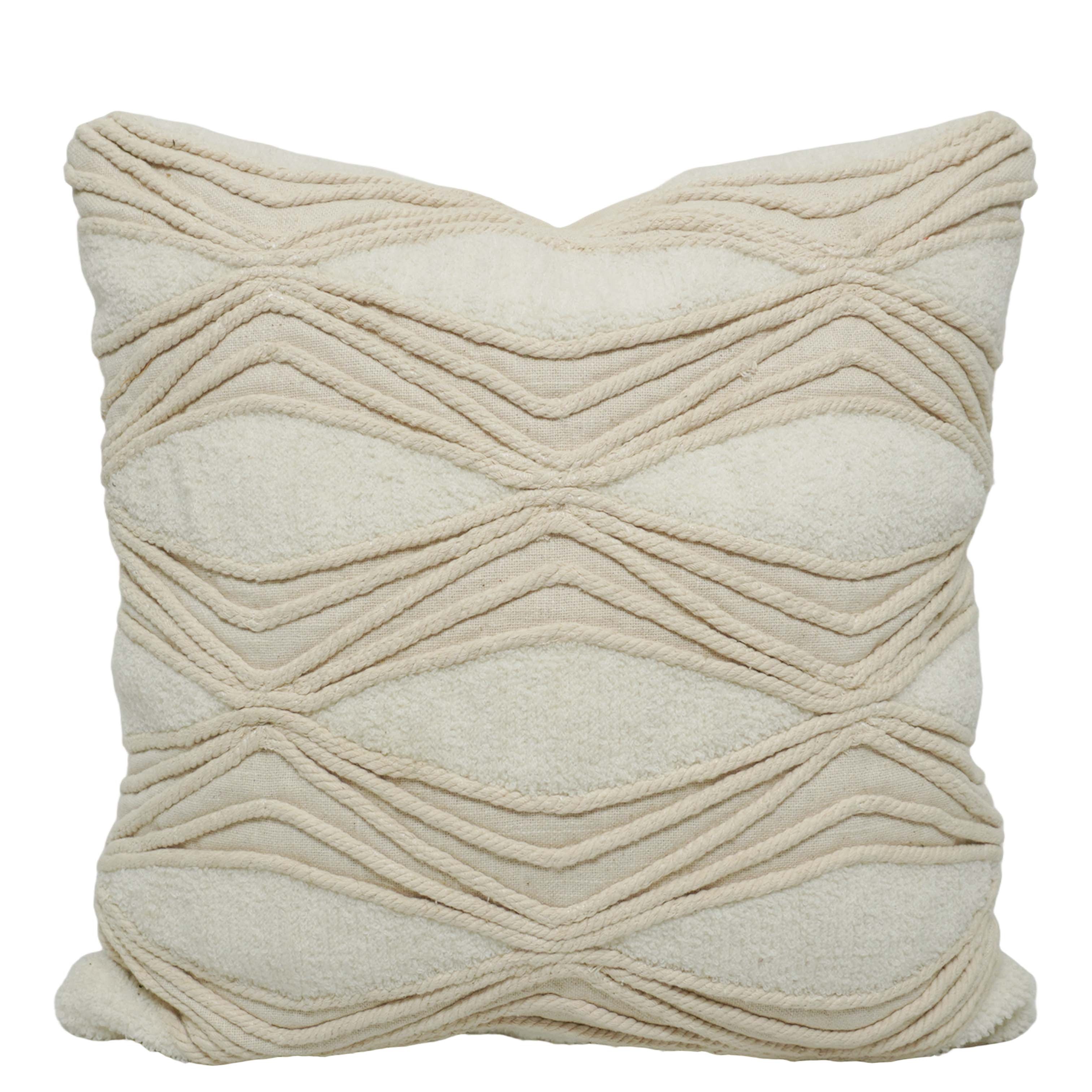 Handcrafted Tufted & Rope Cotton Cushion Cover 45x45 cm | Textured Boho Decorative Throw Pillow Cover | Ivory | Hidden Zip