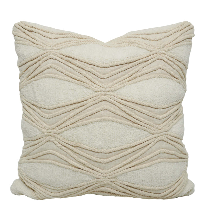 Handcrafted Tufted & Rope Cotton Cushion Cover 45x45 cm | Textured Boho Decorative Throw Pillow Cover | Ivory | Hidden Zip