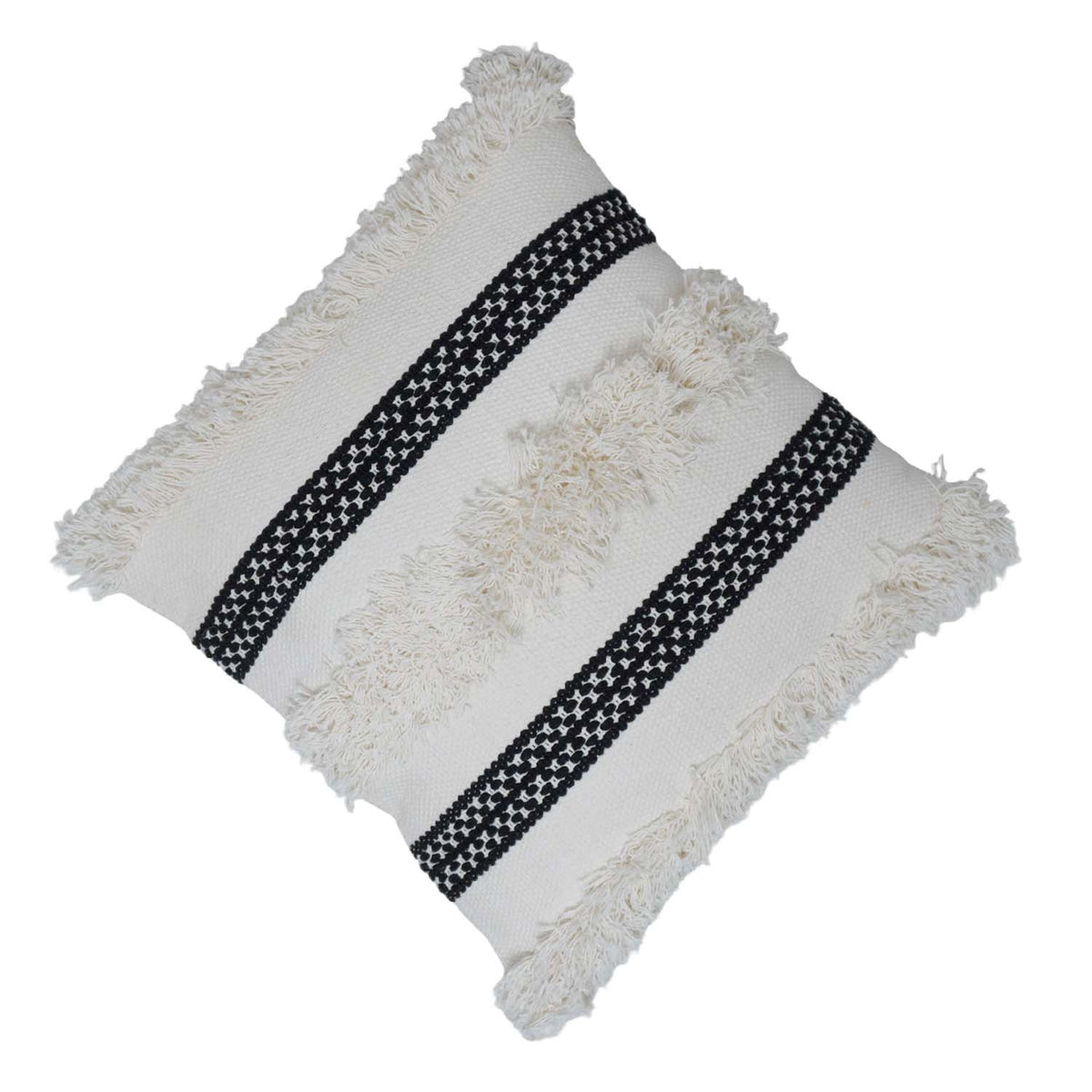 Handwoven Cotton Cushion Cover with Fringe & Black Woven Stripe | Boho Decorative Throw Pillow Cover | 45 x 45 cm (18 x 18 Inch) - Bulk manufacturer & supplier from Panipat, India