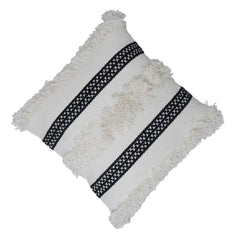 Handwoven Cotton Cushion Cover with Fringe & Black Woven Stripe | Boho Decorative Throw Pillow Cover | 45 x 45 cm (18 x 18 Inch)