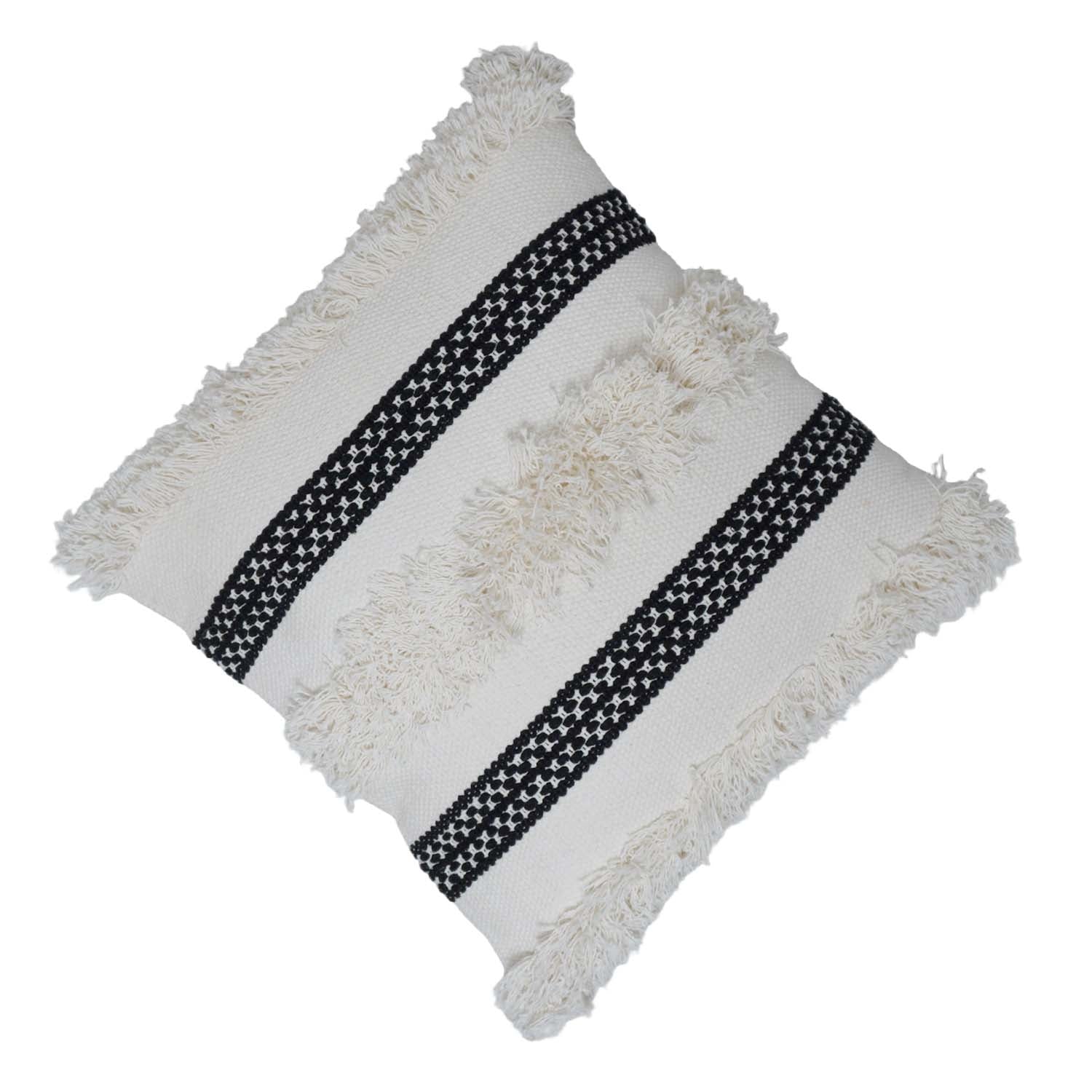 Handwoven Cotton Cushion Cover with Fringe & Black Woven Stripe | Boho Decorative Throw Pillow Cover | 45 x 45 cm (18 x 18 Inch)